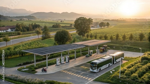 Eco-Friendly Charging Hub with Wireless Charging for Electric Buses at Sunset