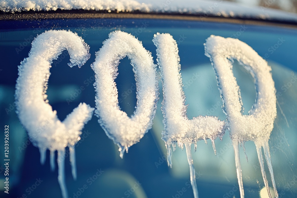 Fototapeta premium Frosty winter morning with the word cold written in snow on a car window illustrating the chill in the air and icy conditions
