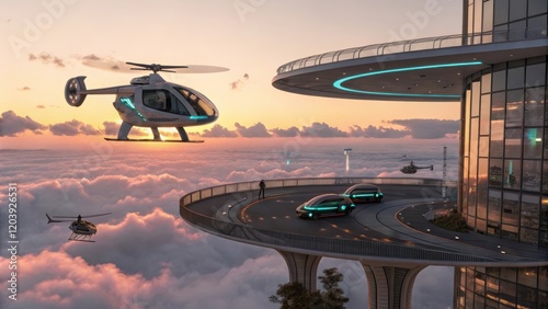 Futuristic Drone Taxi Docking at Elegant Floating Platform