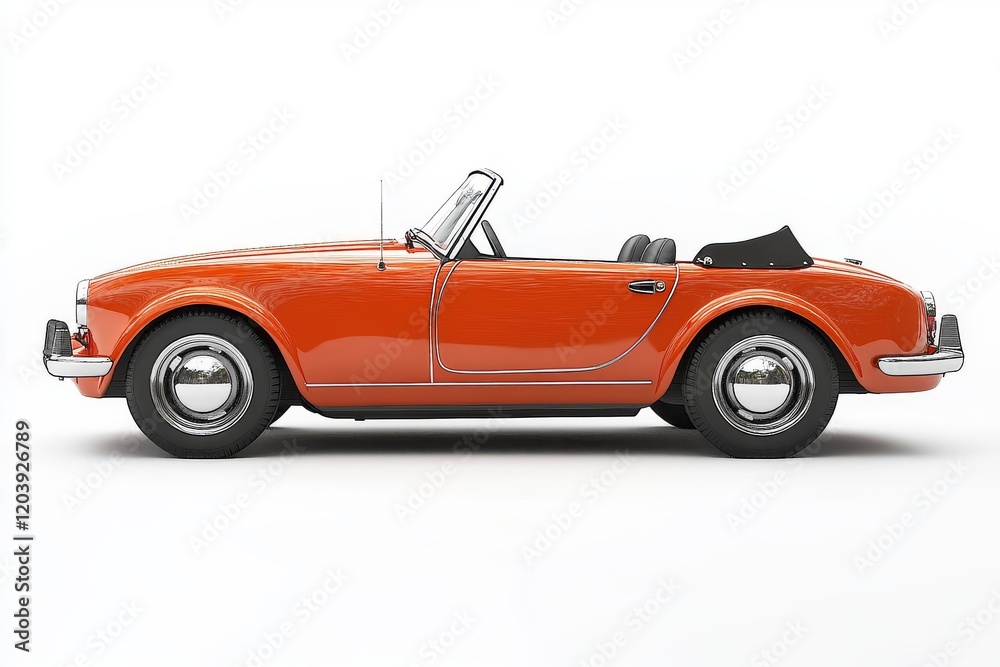 Bright orange convertible car in a simple and realistic style, high-definition 3D rendering against a white background. Bright orange convertible car in a simple and realistic style, high-definition 3D rendering against a white background.