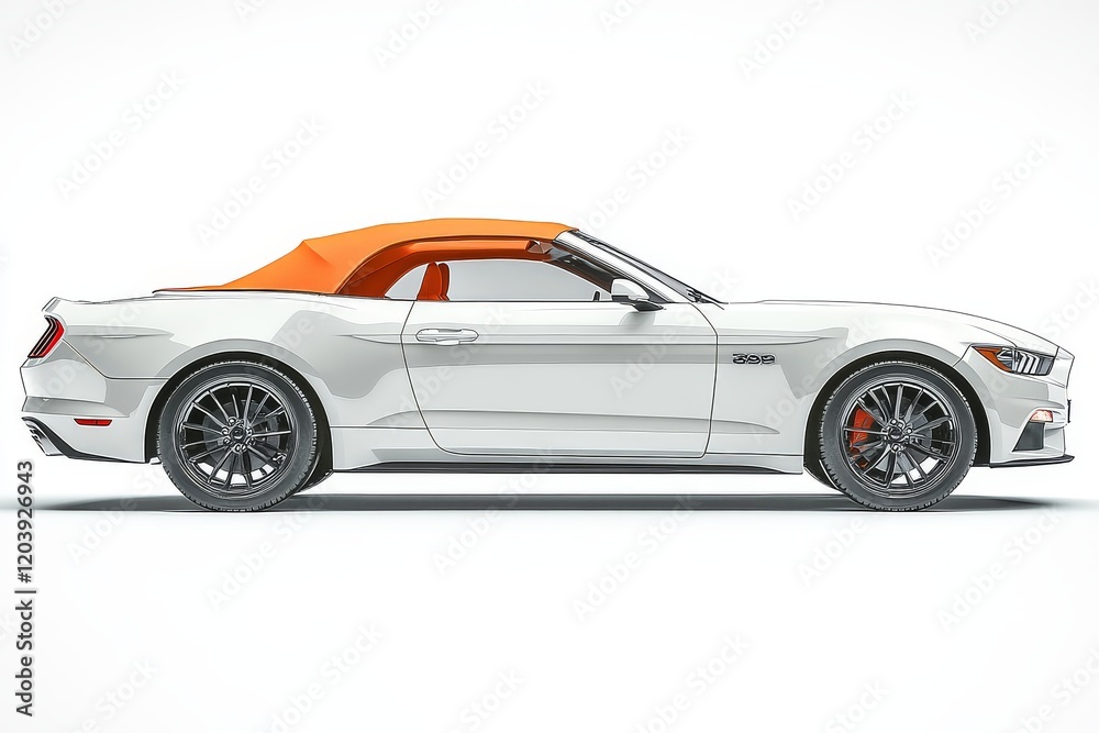 Bright orange convertible car in a simple and realistic style, high-definition 3D rendering against a white background. Bright orange convertible car in a simple and realistic style, high-definition 3D rendering against a white background.