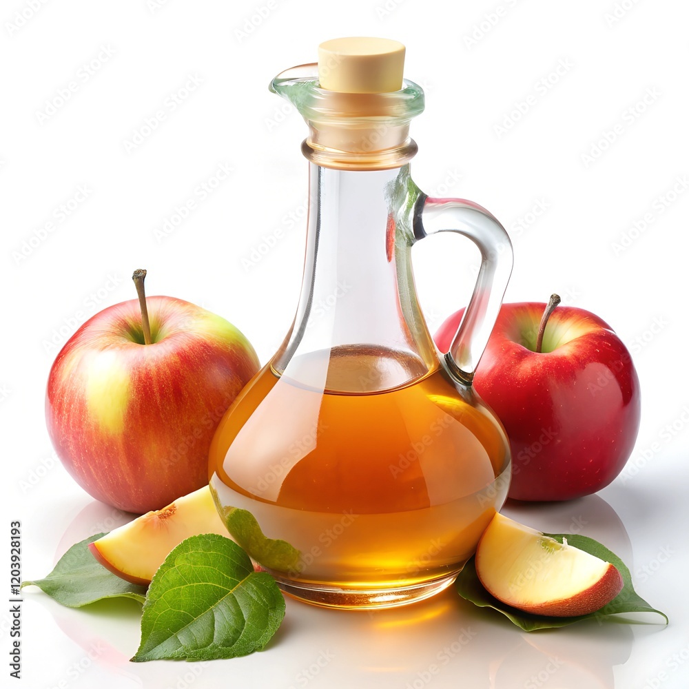 Apple Cider Vinegar with Fresh Apples. Glass bottle of apple cider vinegar surrounded by fresh red apples, apple slices, and green leaves on a white background Apple Cider Vinegar with Fresh Apples. Glass bottle of apple cider vinegar surrounded by fresh red apples, apple slices, and green leaves on a white background