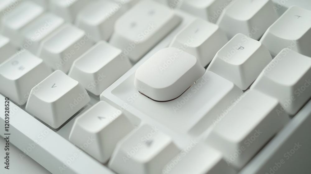 Close-up of a white keyboard with a single, large, square keycap in the center. Close-up of a white keyboard with a single, large, square keycap in the center.