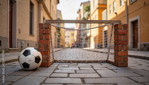 Street soccer game with goal and ball, fun atmosphere, urban setting, vibrant colors, copy space