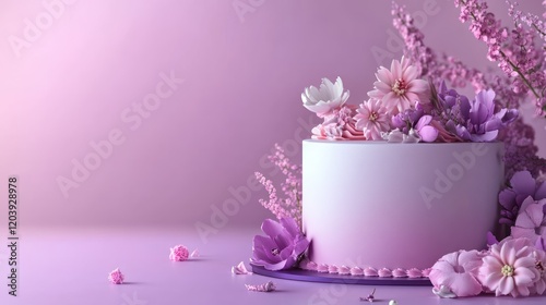 Pink floral cake on a purple background, decorative, celebratory photo