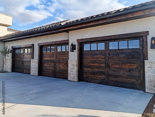 Rustic Elegance Garage Doors: Three large wooden garage doors with glass panels enhance the curb appeal of a modern home. The doors feature a rich brown stain, rustic wood grain. photo