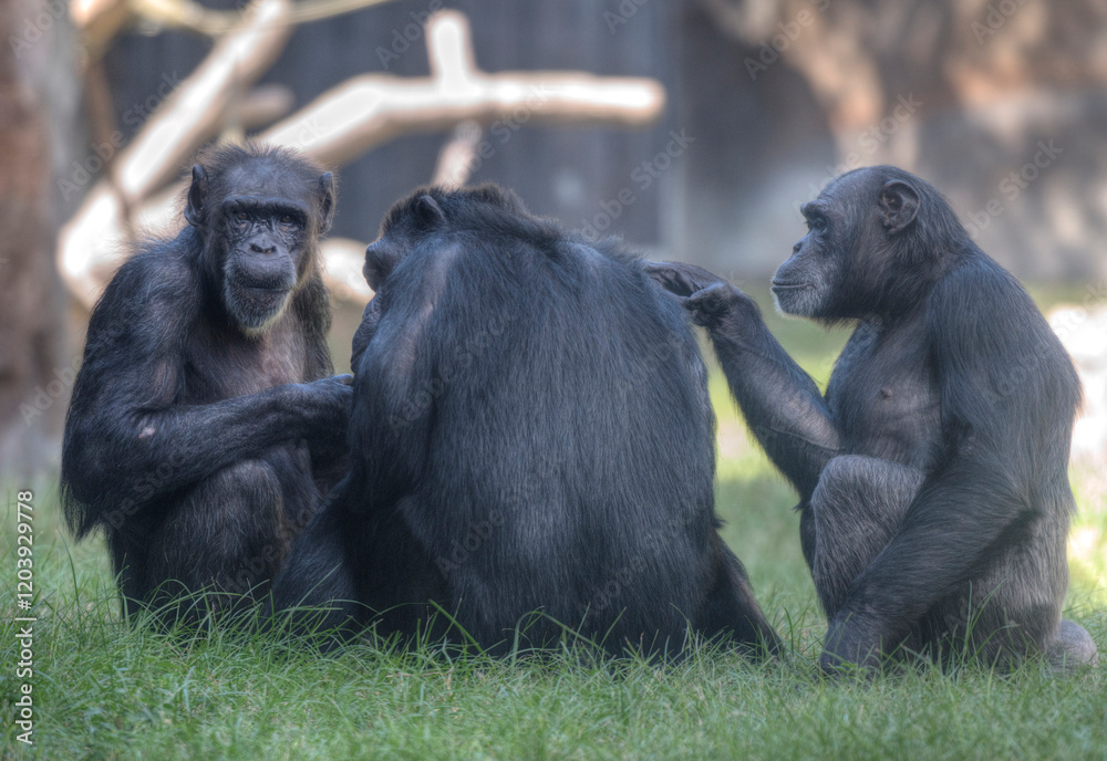Chimpanzees grooming each other in Houston Zoo Chimpanzees grooming each other in Houston Zoo
