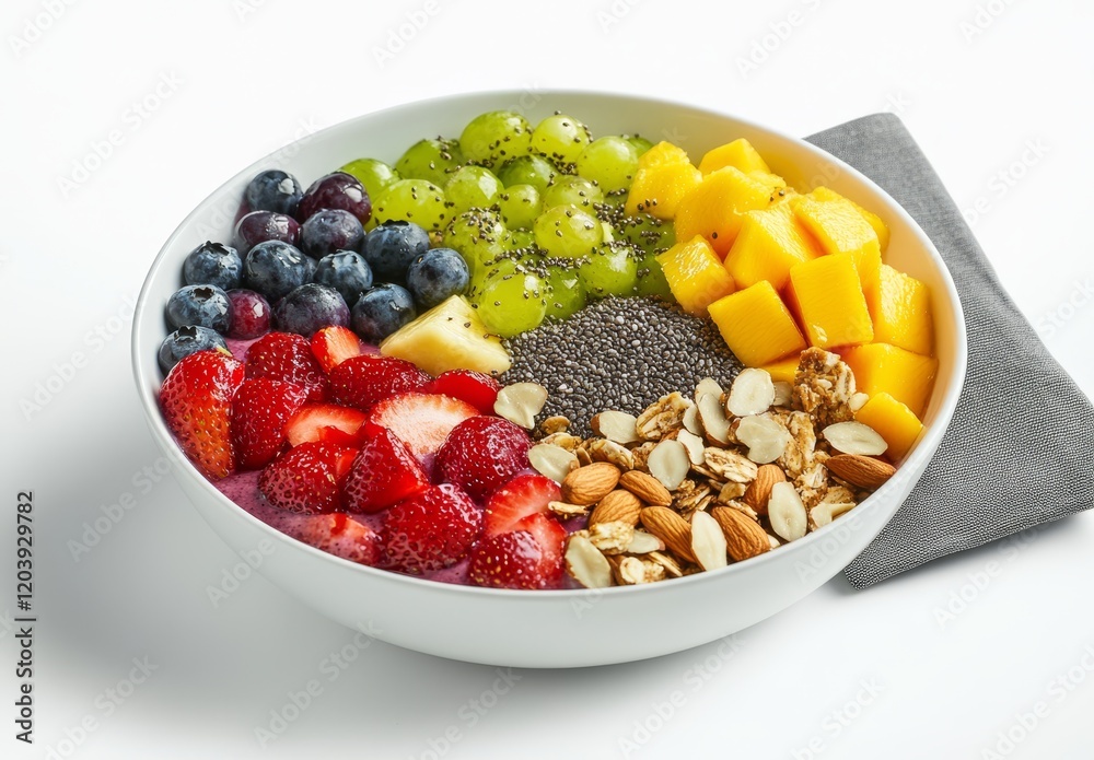 Colorful fruit and nut smoothie bowl with strawberries, blueberries, mango, grapes, chia seeds, and almonds. Colorful fruit and nut smoothie bowl with strawberries, blueberries, mango, grapes, chia seeds, and almonds.