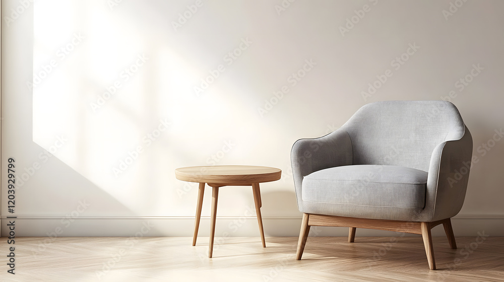 Modern sitting area with a simple chair and table with copy space, 3d rendering Modern sitting area with a simple chair and table with copy space, 3d rendering