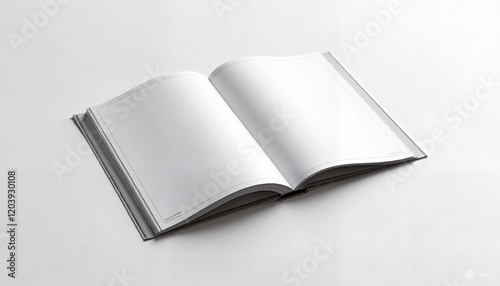 Photorealistic magazine spread mockup with blank pages, soft natural lighting, minimalist presentation against a clean white background with copy space

