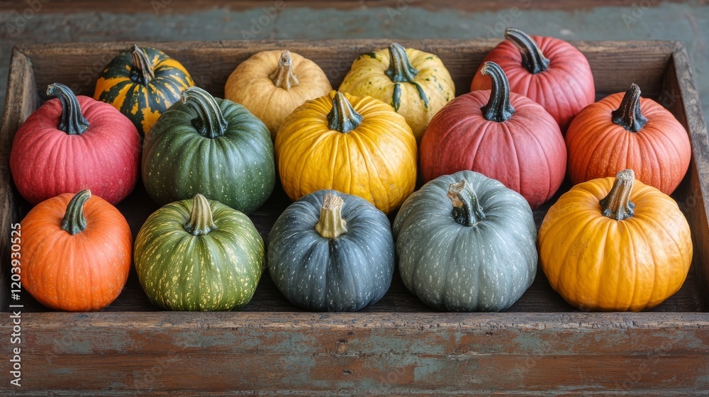 A collection of small colorful pumpkins of different colors sits in a rustic wooden box creating a harvest or fall scene A collection of small colorful pumpkins of different colors sits in a rustic wooden box creating a harvest or fall scene