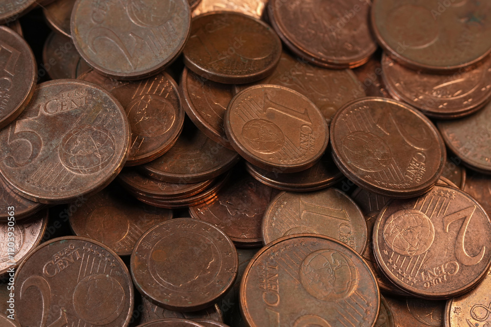 Close-Up of brown cupper Euro Cent Coins Close-Up of brown cupper Euro Cent Coins
