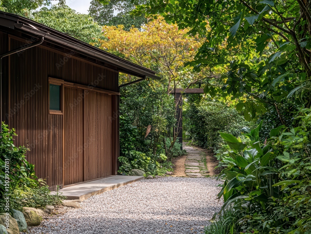 Serene Garden Path: A pathway leading through a lush Japanese garden, lined with lush greenery and a quaint wooden building. The path is surrounded by various types of trees and plants. Serene Garden Path: A pathway leading through a lush Japanese garden, lined with lush greenery and a quaint wooden building. The path is surrounded by various types of trees and plants.