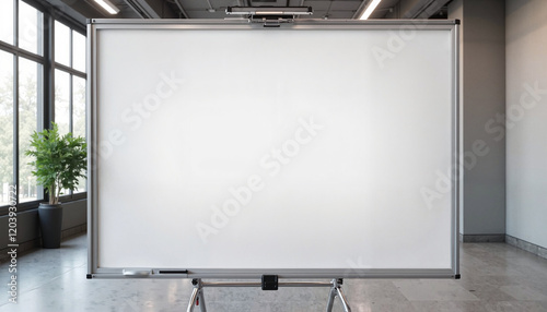 Photorealistic flipchart mockup with matte white surface on metal stand, soft natural lighting, professional presentation in a modern office setting with copy space