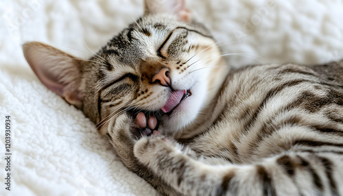 Adorable tabby cat sleeping soundly, gently licking its paw, peaceful expression.  Perfect for pet, animal, or home-related projects.