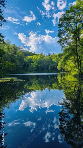 Calm forest landscape with a lake reflecting the sky and trees. Suitable for advertising tourist routes, wellness programs, meditative applications and interior design in eco style.