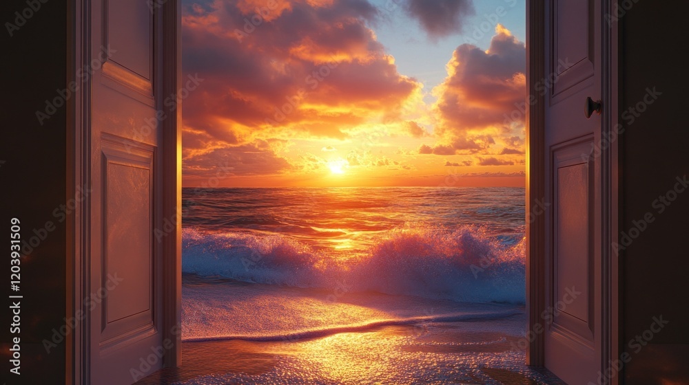 Fototapeta premium Open Doorway View to a Breathtaking Sunset Over the Ocean with Waves Crashing on Shore