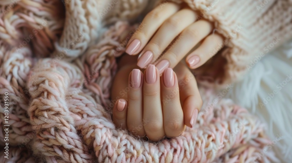 Woman's hands with neat manicure in a warm sweater. Ideal for articles about nail care, beauty blogs, advertising of cosmetic salons. Woman's hands with neat manicure in a warm sweater. Ideal for articles about nail care, beauty blogs, advertising of cosmetic salons.