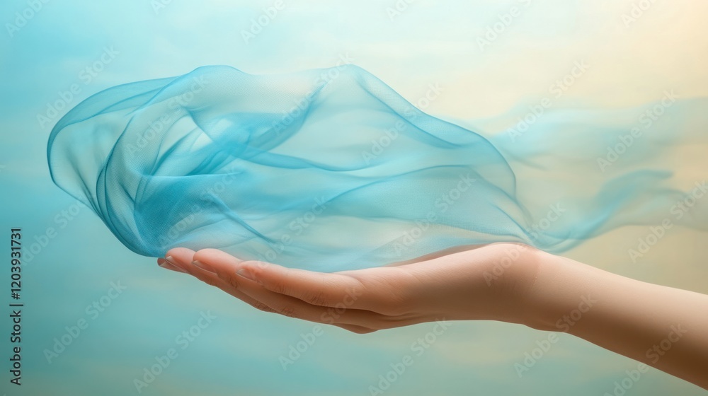 Light teal fabric floating in a woman's hand. Soft pastel colors. Light teal fabric floating in a woman's hand. Soft pastel colors.