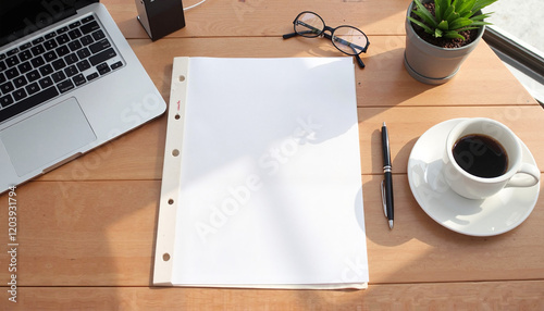 Photorealistic A4 Paper Mockup, Blank White Sheet on Wooden Office Desk, Laptop, Pen, Coffee Cup, Window Lighting