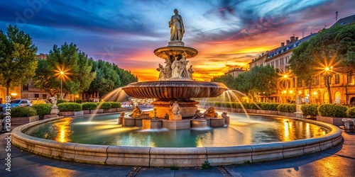 Panoramic View of Fontaine de la Rotonde, Aix-en-Provence, France - Majestic Fountain and Cityscape