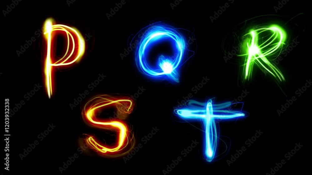 Appearing neon scribble English alphabet. Animated hand drawn isolated P, Q, R, S, T glowing doodle letters together and separately on a transparent alpha channel.
