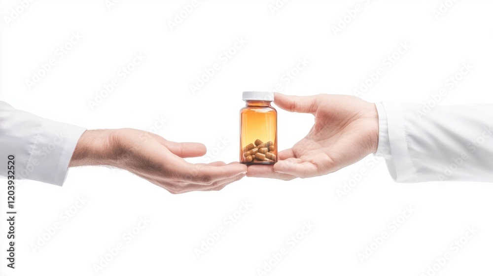 Hands exchanging a bottle of health supplements in a clinical setting Hands exchanging a bottle of health supplements in a clinical setting