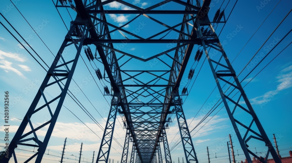 A Stunning View from Below of a Steel Electrical Tower Against a Clear Blue Sky with Power Lines Stretching into the Distance A Stunning View from Below of a Steel Electrical Tower Against a Clear Blue Sky with Power Lines Stretching into the Distance