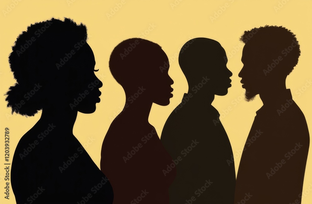 Silhouettes of four individuals in side profiles, symbolizing Black History Month, unity, diversity, and cultural pride on a yellow background Silhouettes of four individuals in side profiles, symbolizing Black History Month, unity, diversity, and cultural pride on a yellow background