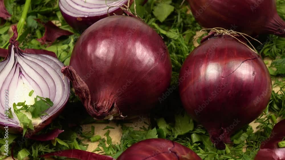 Bulbs of red onion and their peels lie on a chopped dill and parsley on a board