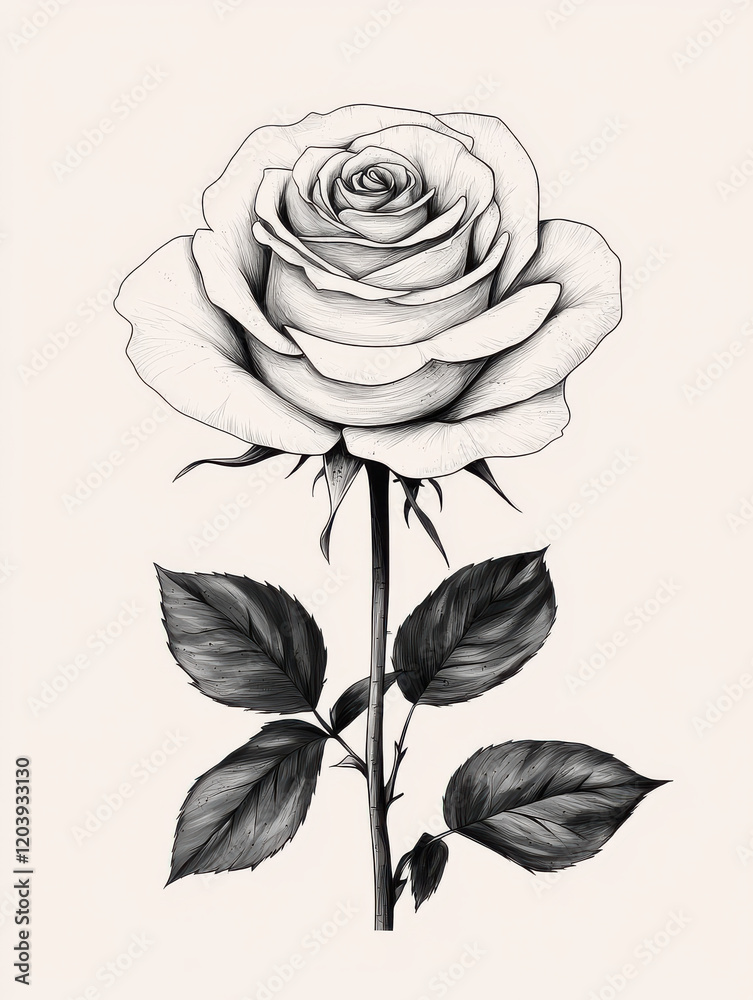detailed hand drawn illustration of rose in monochrome, showcasing intricate petal and leaf textures with tattoo style aesthetic on light background detailed hand drawn illustration of rose in monochrome, showcasing intricate petal and leaf textures with tattoo style aesthetic on light background