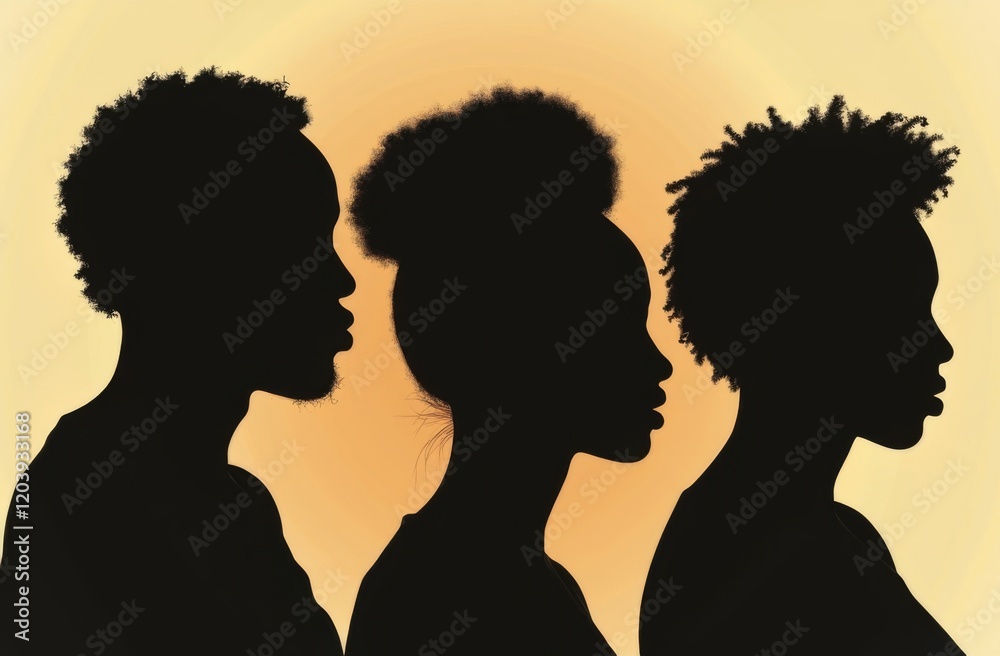 Silhouettes of three individuals in side profiles, symbolizing Black History Month, cultural pride, and unity with a warm gradient background Silhouettes of three individuals in side profiles, symbolizing Black History Month, cultural pride, and unity with a warm gradient background