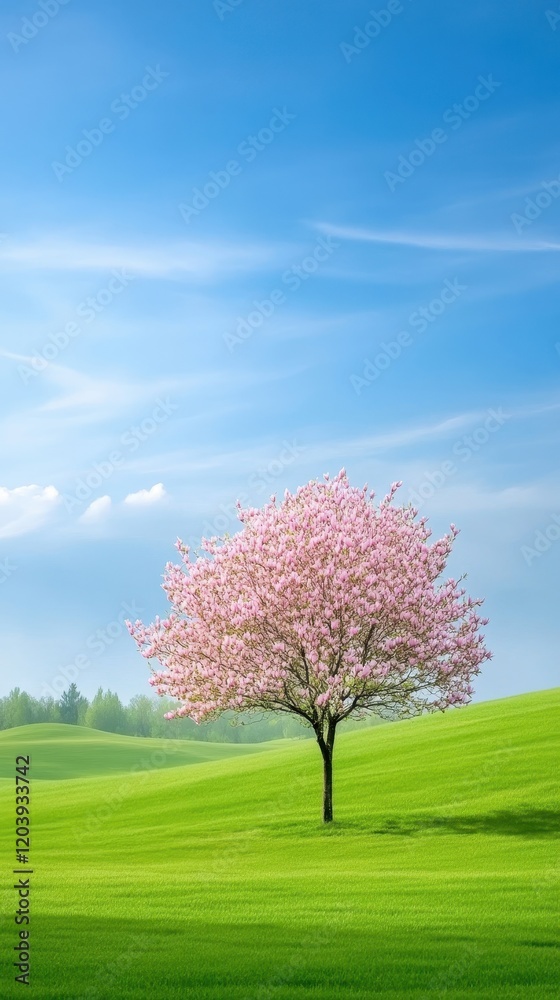 Beautiful blooming cherry tree standing alone on a lush green hillside against a bright blue sky with soft clouds, symbolizing nature and tranquility Beautiful blooming cherry tree standing alone on a lush green hillside against a bright blue sky with soft clouds, symbolizing nature and tranquility