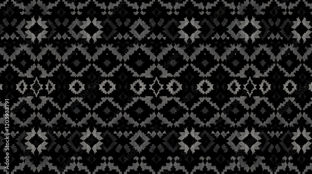  creepy atmosphere. Diamond seamless pattern featuring an ikat geometric folklore ornament in dark tones. Aztec-style folk embroidery and tribal ethnic vector texture