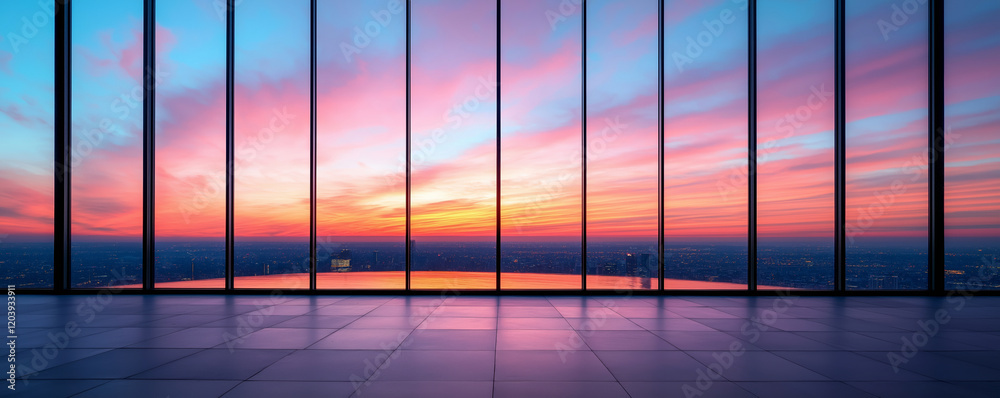 Fototapeta premium A panoramic view of the cityscape with vibrant pink and blue hues of the sunset reflecting on sleek glass panels.