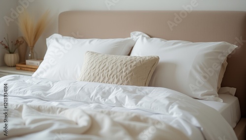 Bright cozy bedroom with white bed and wooden furniture.