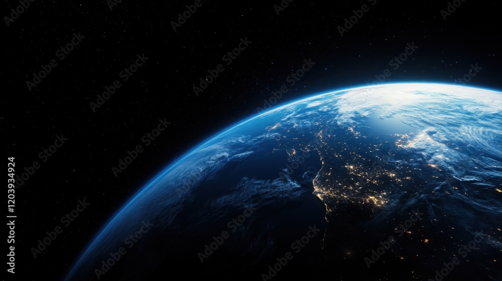 View of the Earth from space, with the North American continent illuminated by city lights View of the Earth from space, with the North American continent illuminated by city lights