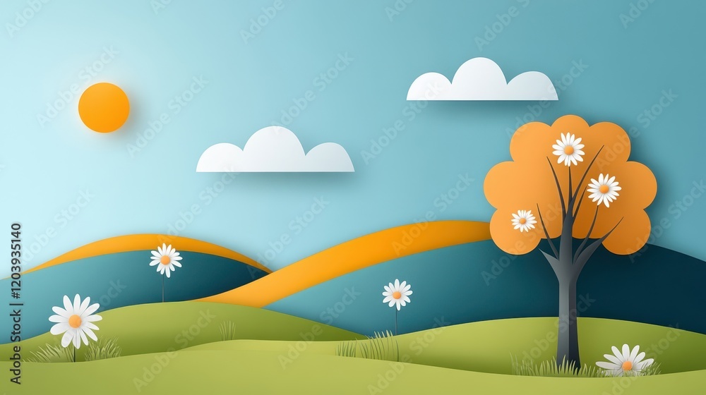 Fototapeta premium Open fields with blooming trees and blue sky, flat design illustration