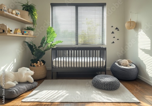 Cute minimalist nursery room interior with white walls, black and grey decor, baby crib, rug, toys, and window with blinds, wide-angle shot.