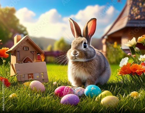 Osterhase mit Miniatur-Hausmodell – Kreative Kampagne für die Immobilienbranche photo