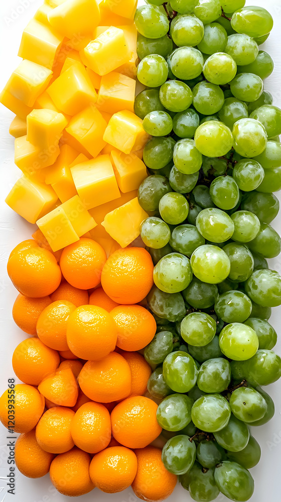 Colorful fruit platter, kitchen, overhead shot, healthy snack