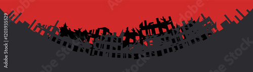 Panorama of a destroyed building with red sky. War destroyed the buildings of the city. Ruins vector illustration background.