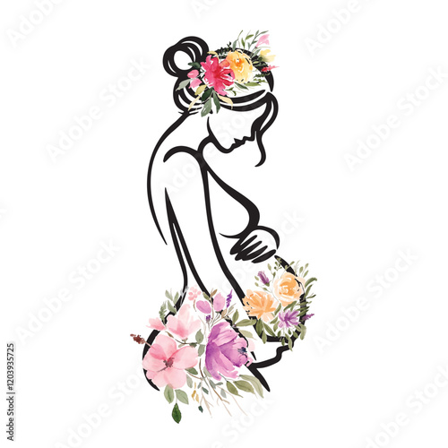 Pregnant women line drawing vector illustration, floral pregnancy line illustration, mommy to be line drawing