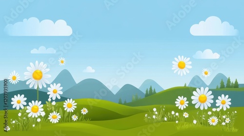 Spring meadow, blooming wildflowers, flat design illustration