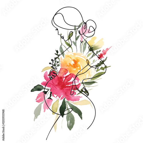 Pregnant women line drawing vector illustration, floral pregnancy line illustration, mommy to be line drawing