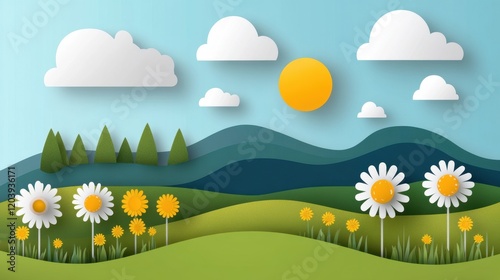 Sunrise over a spring meadow, flat design illustration