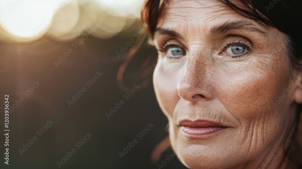 Portrait of a thoughtful woman with striking blue eyes enjoying the evening light in a scenic outdoor setting Portrait of a thoughtful woman with striking blue eyes enjoying the evening light in a scenic outdoor setting