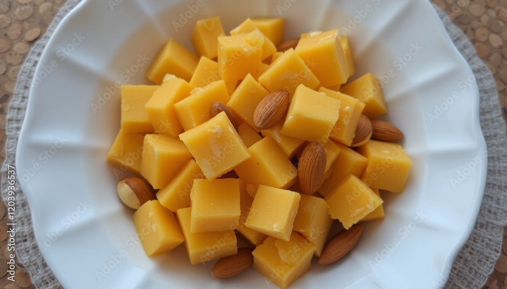 Cubes of cheddar cheese served with whole almonds on a white decorative plate. Cubes of cheddar cheese served with whole almonds on a white decorative plate.
