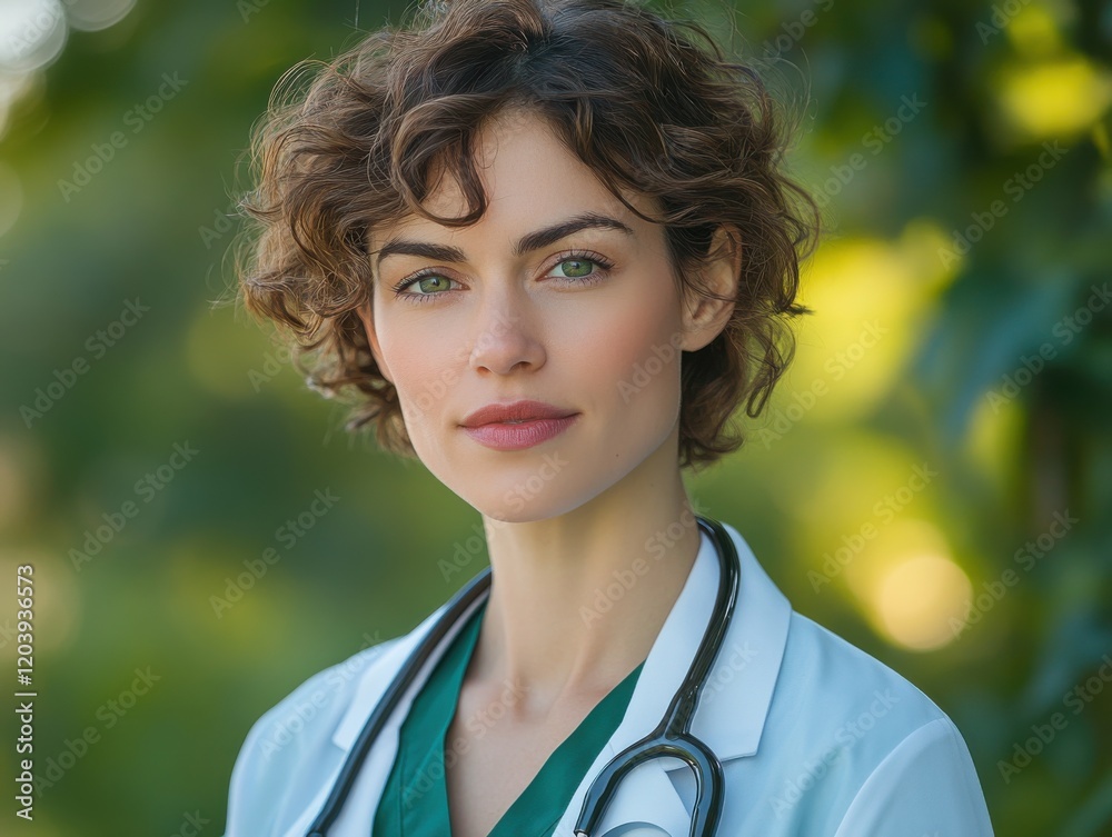 Healthcare professional poses outdoors with a stethoscope, showcasing a compassionate demeanor and commitment to patient care in a natural setting Healthcare professional poses outdoors with a stethoscope, showcasing a compassionate demeanor and commitment to patient care in a natural setting