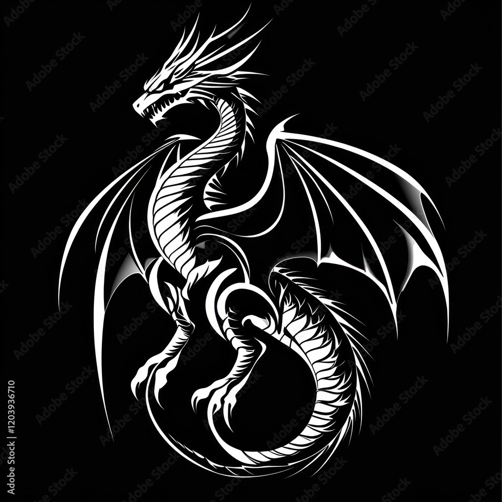 Fototapeta premium Majestic white dragon, fantasy art, black background, mythical creature, design